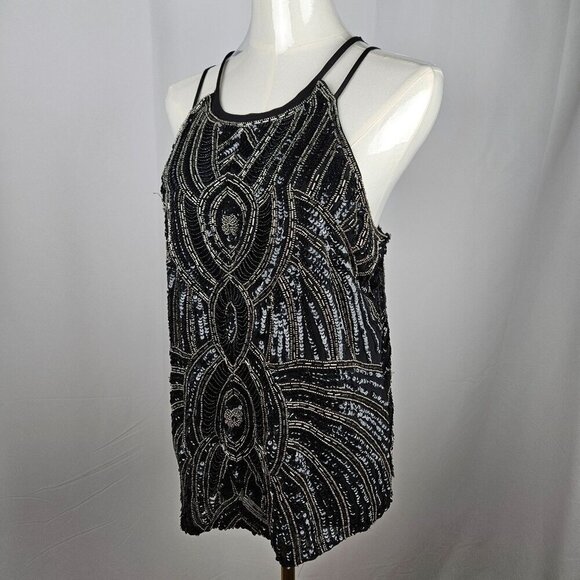 Parker Zane Fully Beaded Black Gold Sequin Silk Halter Tank Top Large - Picture 3 of 14